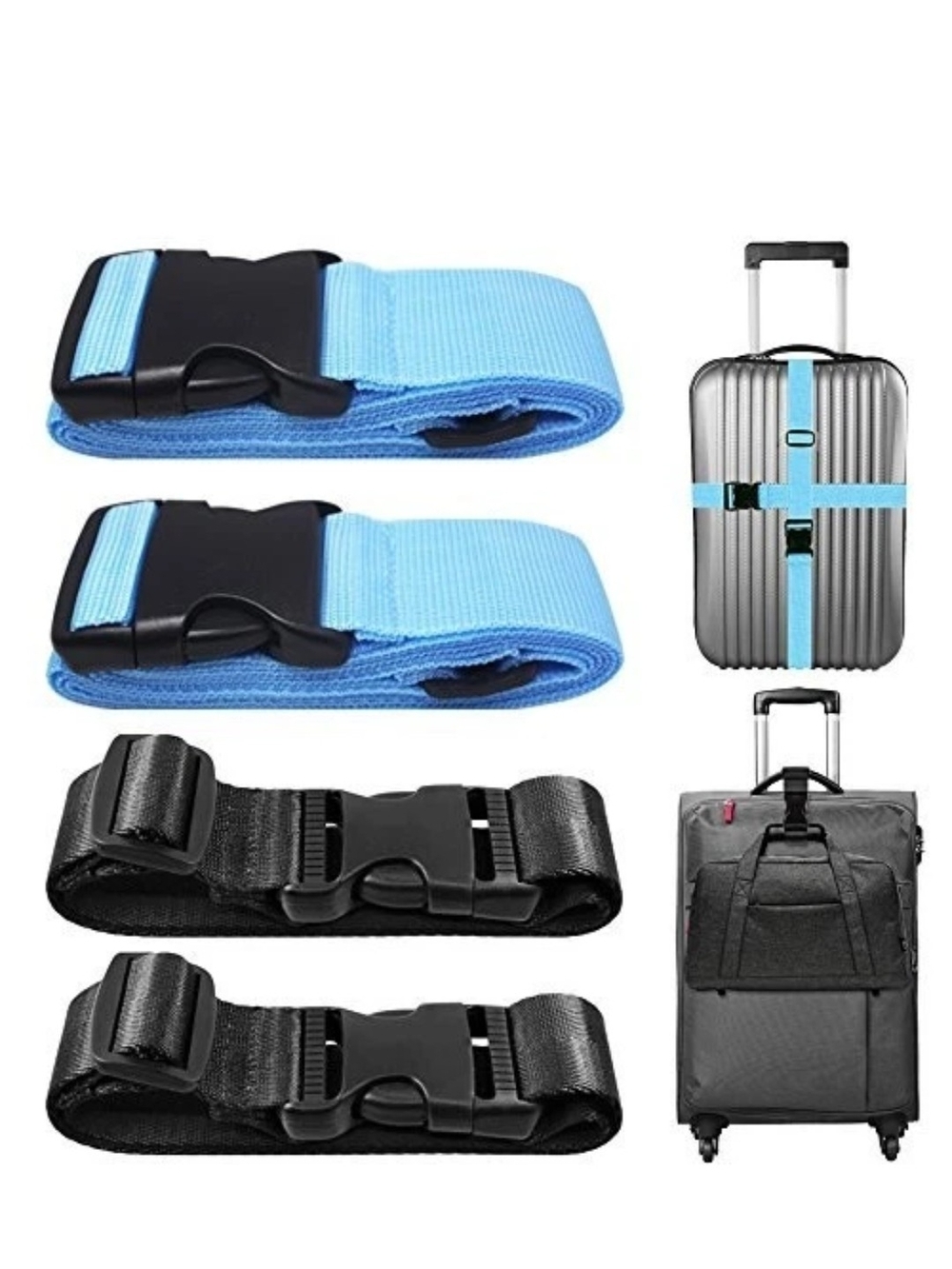 4 Piece Durable Blue & Black Luggage Straps Set - Travel Belts for Suitcases